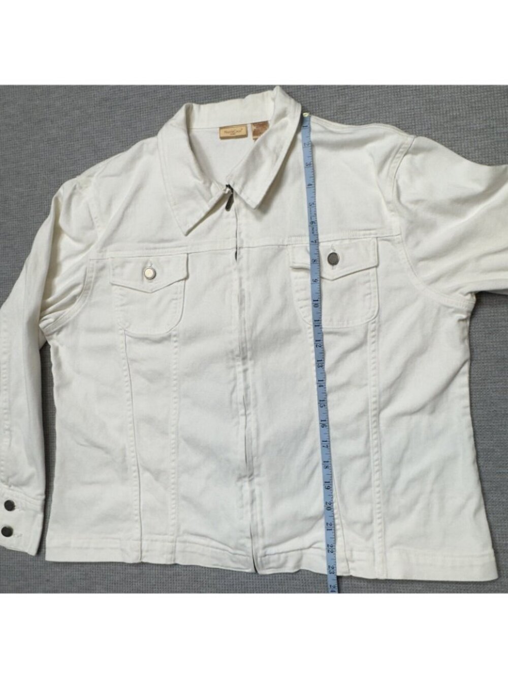 NorthCrest Denim Jacket Womens Sz Large White Full Zip Long Sleeve Chest Pockets - Picture 12 of 16